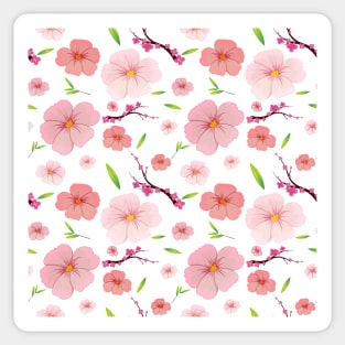 Pink Hibiscus and Sakura Blue Background Sticker